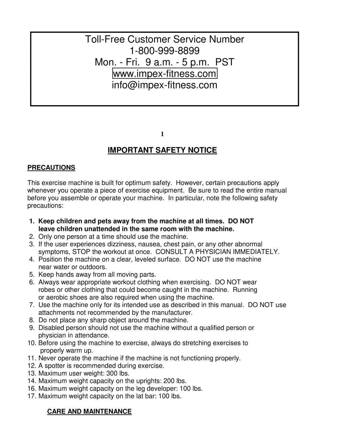 Impex MCB-347 manual Toll-Free Customer Service Number Mon. Fri a.m. 5 p.m. PST 