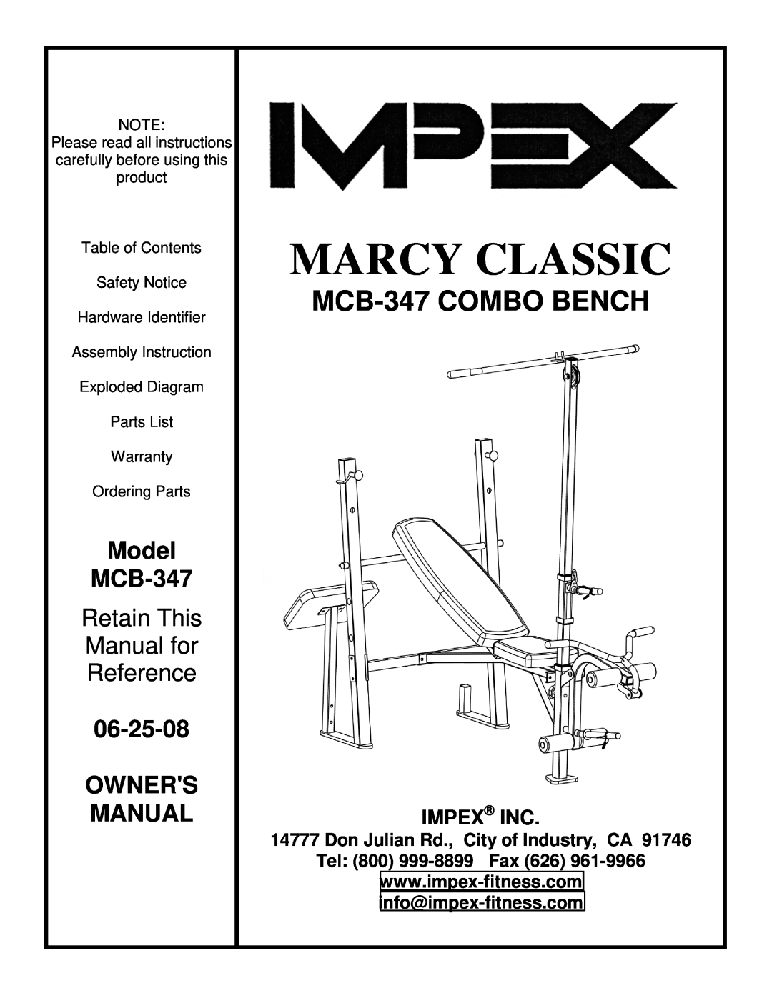 Impex manual Impex Inc, Marcy Classic, MCB-347 COMBO BENCH, Model, Retain This, Manual for, Reference, 06-25-08, Owners 