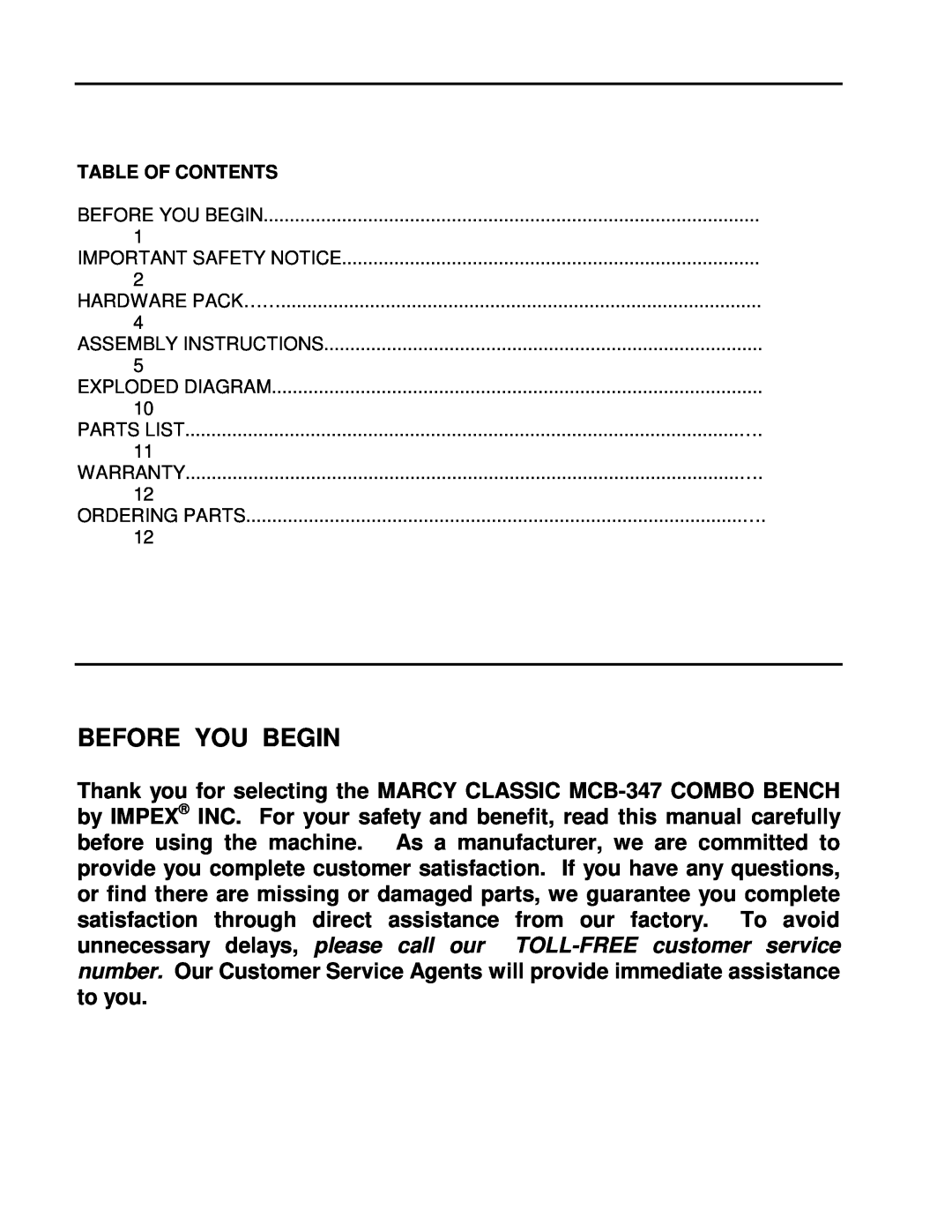 Impex MCB-347 manual Before You Begin, Table Of Contents 