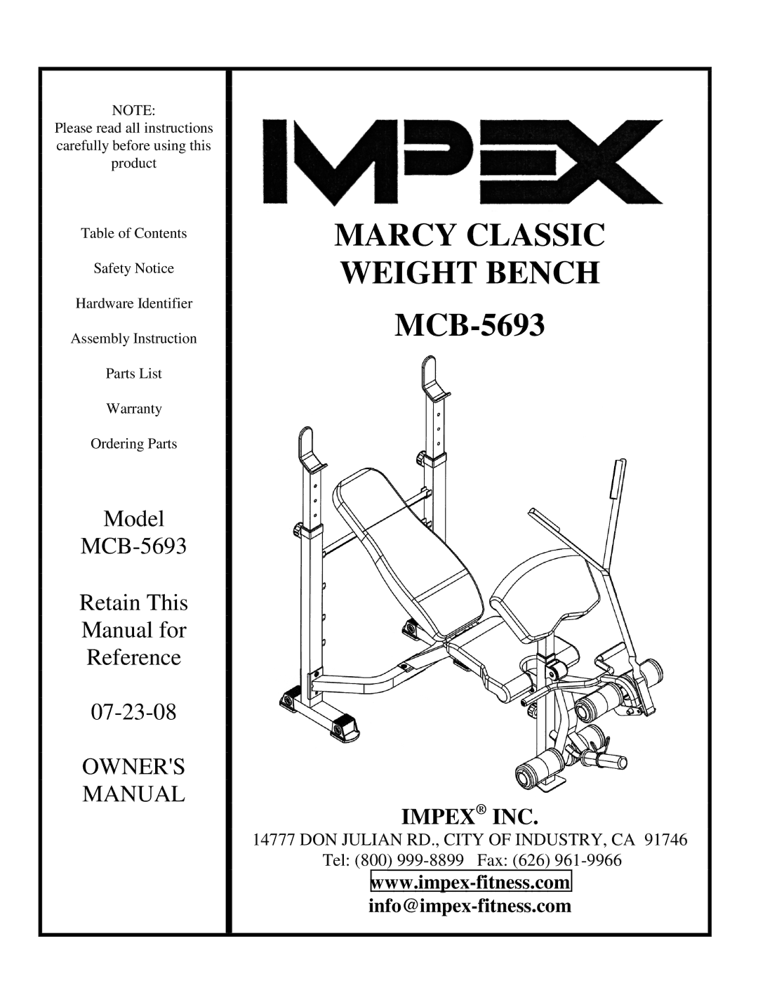 Impex MCB-5693 manual Marcy Classic 