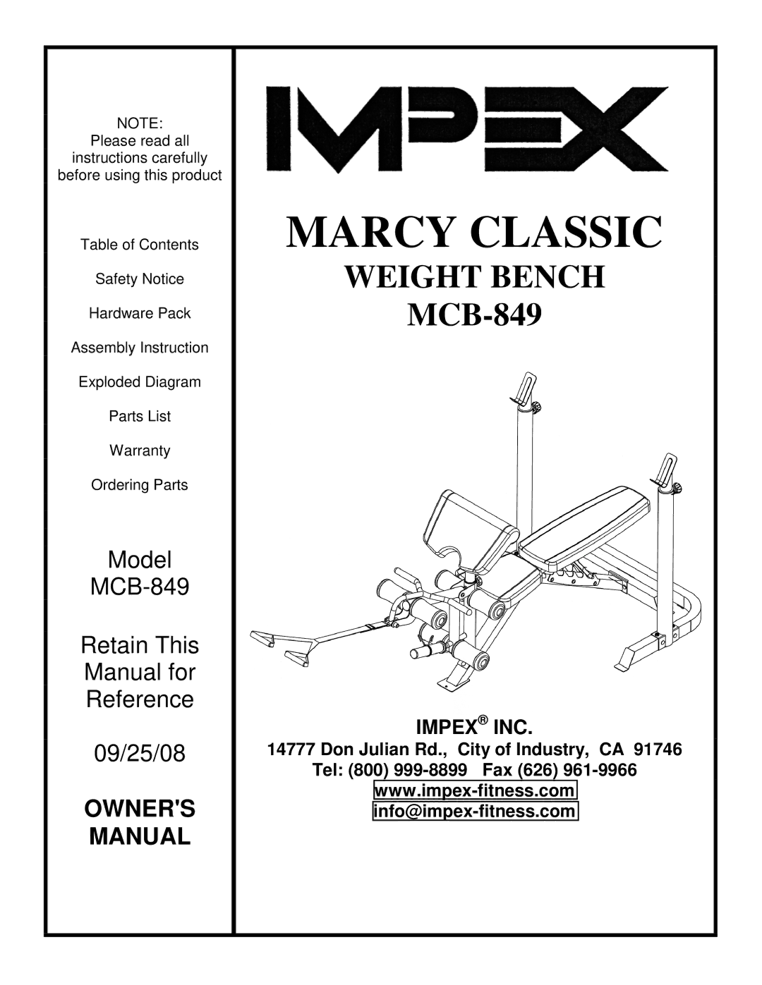 Impex MCB-849 manual Marcy Classic, Impex INC 