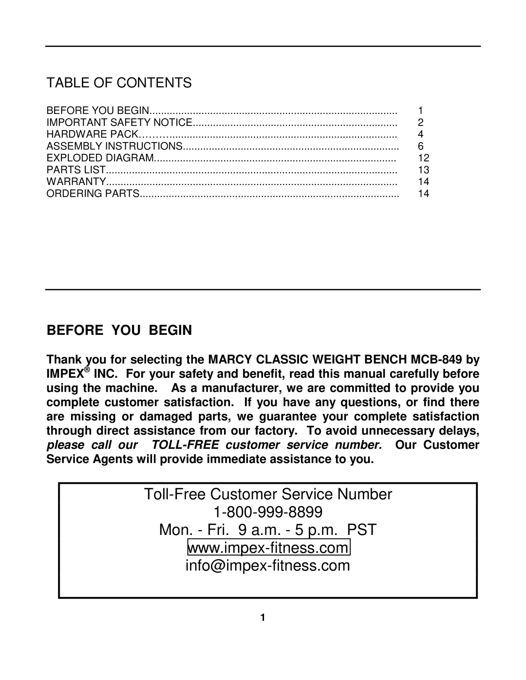 Impex MCB-849 manual Table of Contents, Before YOU Begin 