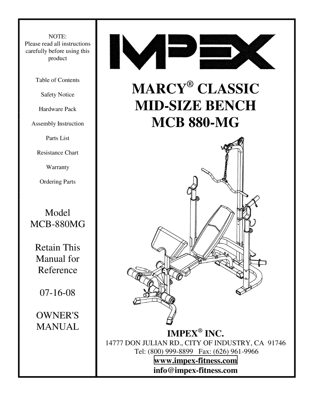 Impex MCB 880-MG manual Marcy Classic 