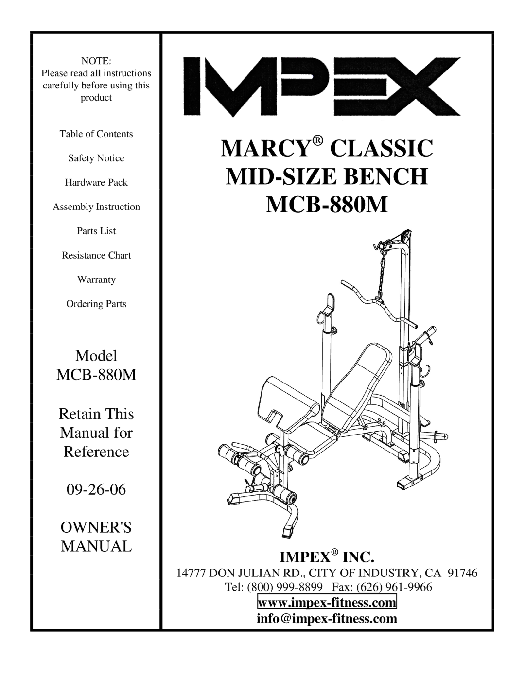 Impex MCB-880M manual Marcy Classic 