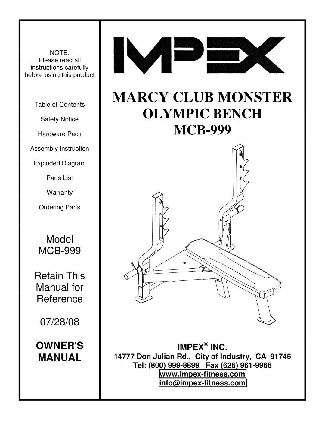 Impex MCB-999 manual Marcy Club Monster, Impex INC 