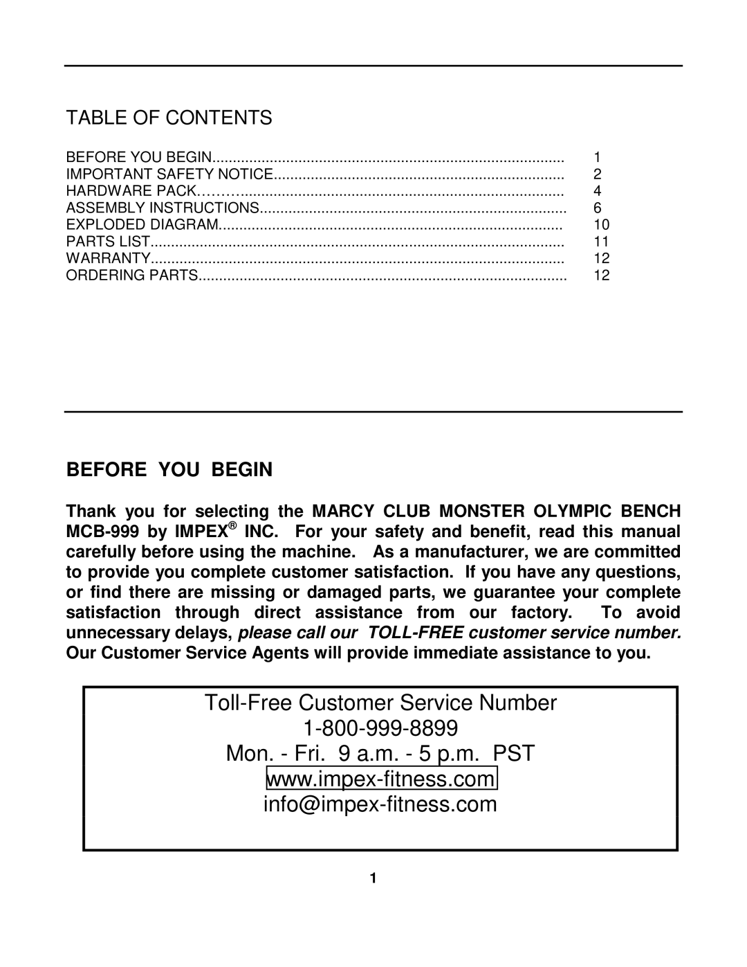 Impex MCB-999 manual Table of Contents, Before YOU Begin 