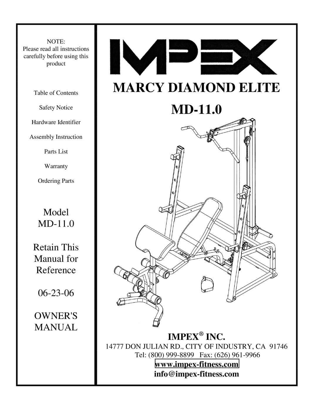 Impex MD-11.0 manual Marcy Diamond Elite 