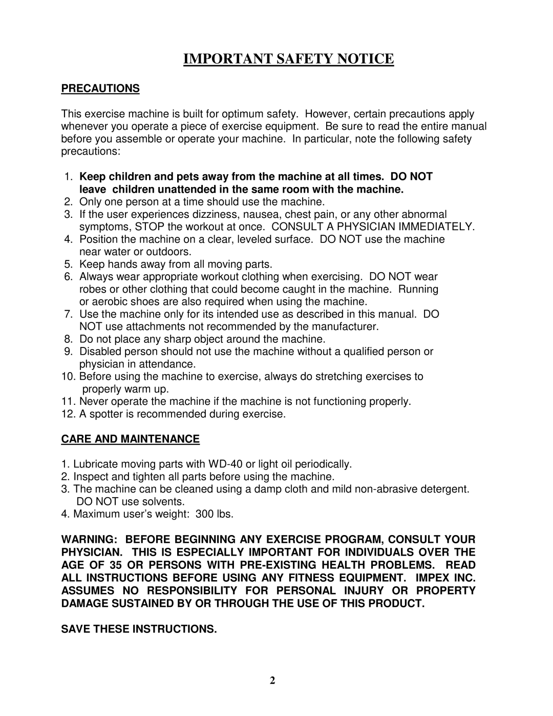 Impex MD-1559 manual Important Safety Notice 