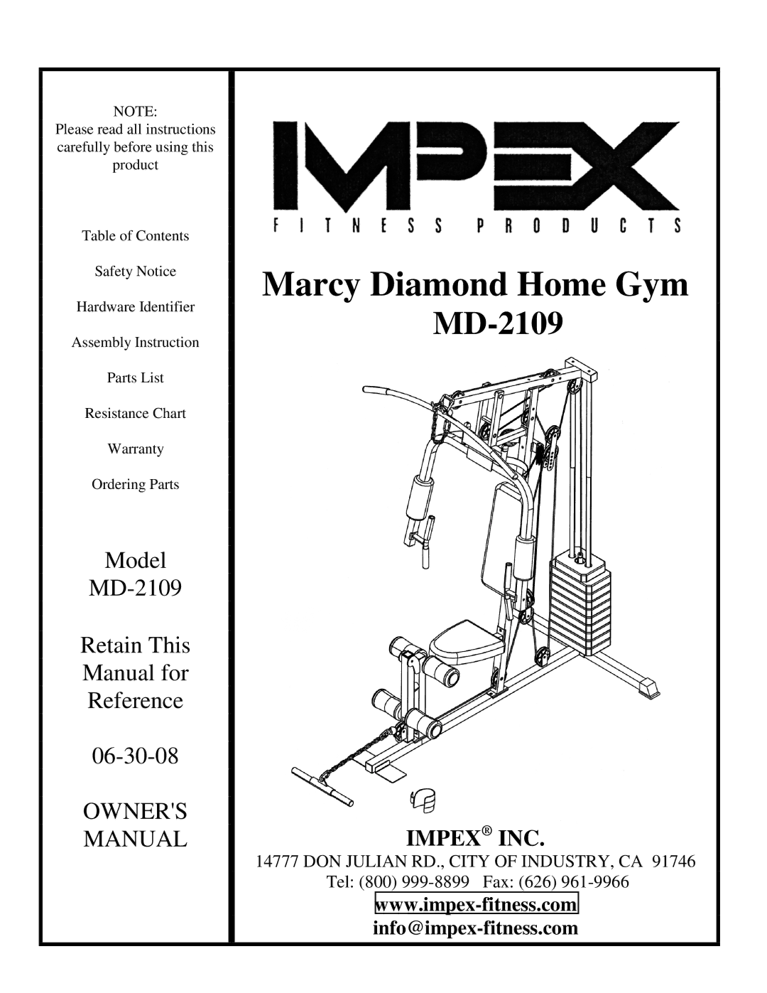 Impex MD-2109 manual Marcy Diamond Home Gym 