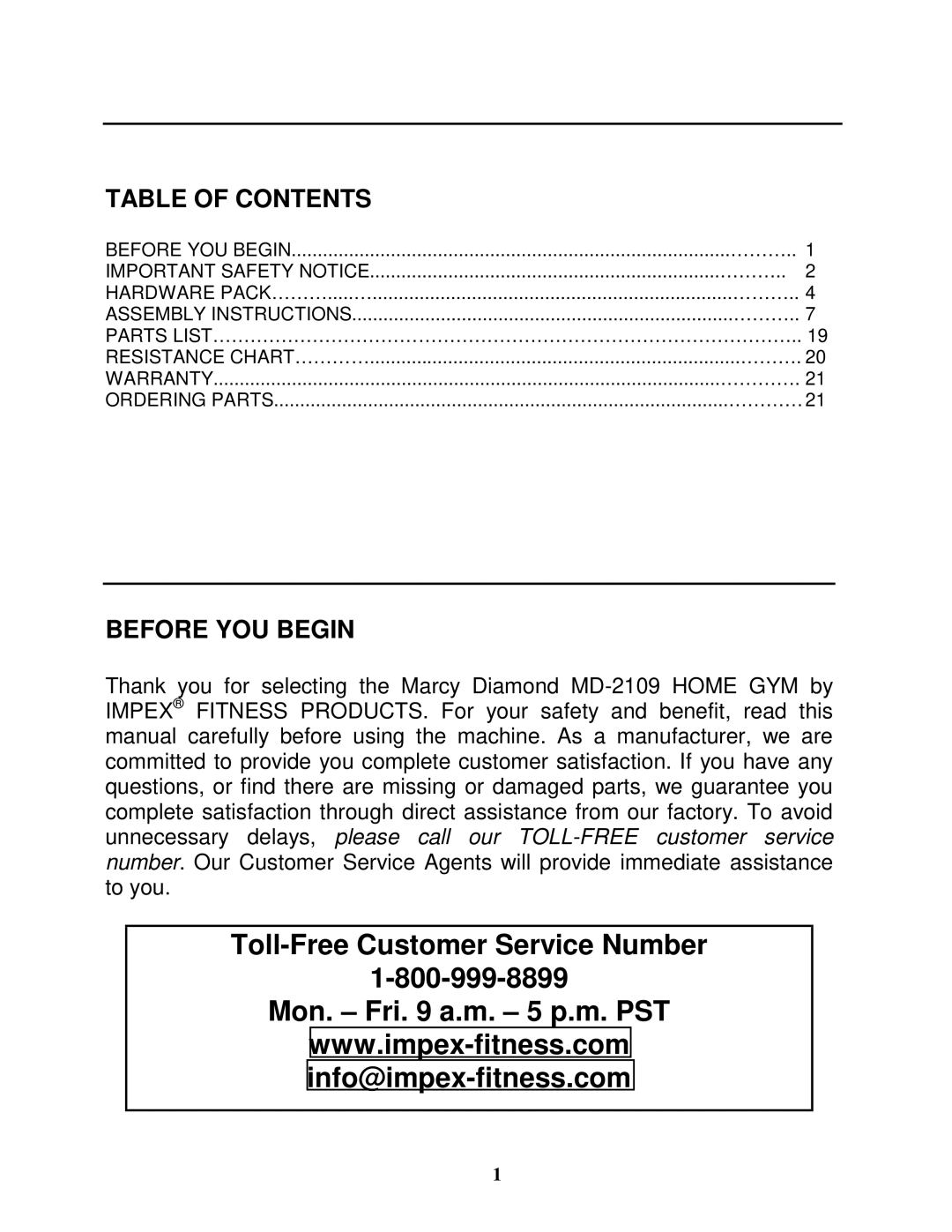 Impex MD-2109 manual Toll-Free Customer Service Number Mon. Fri a.m. 5 p.m. PST 