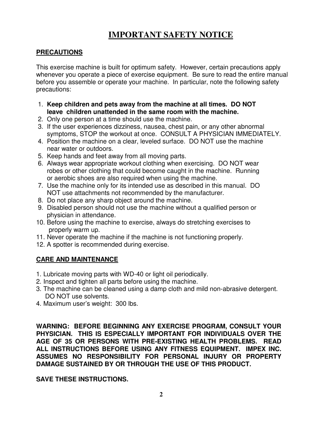 Impex MD-2109 manual Important Safety Notice 