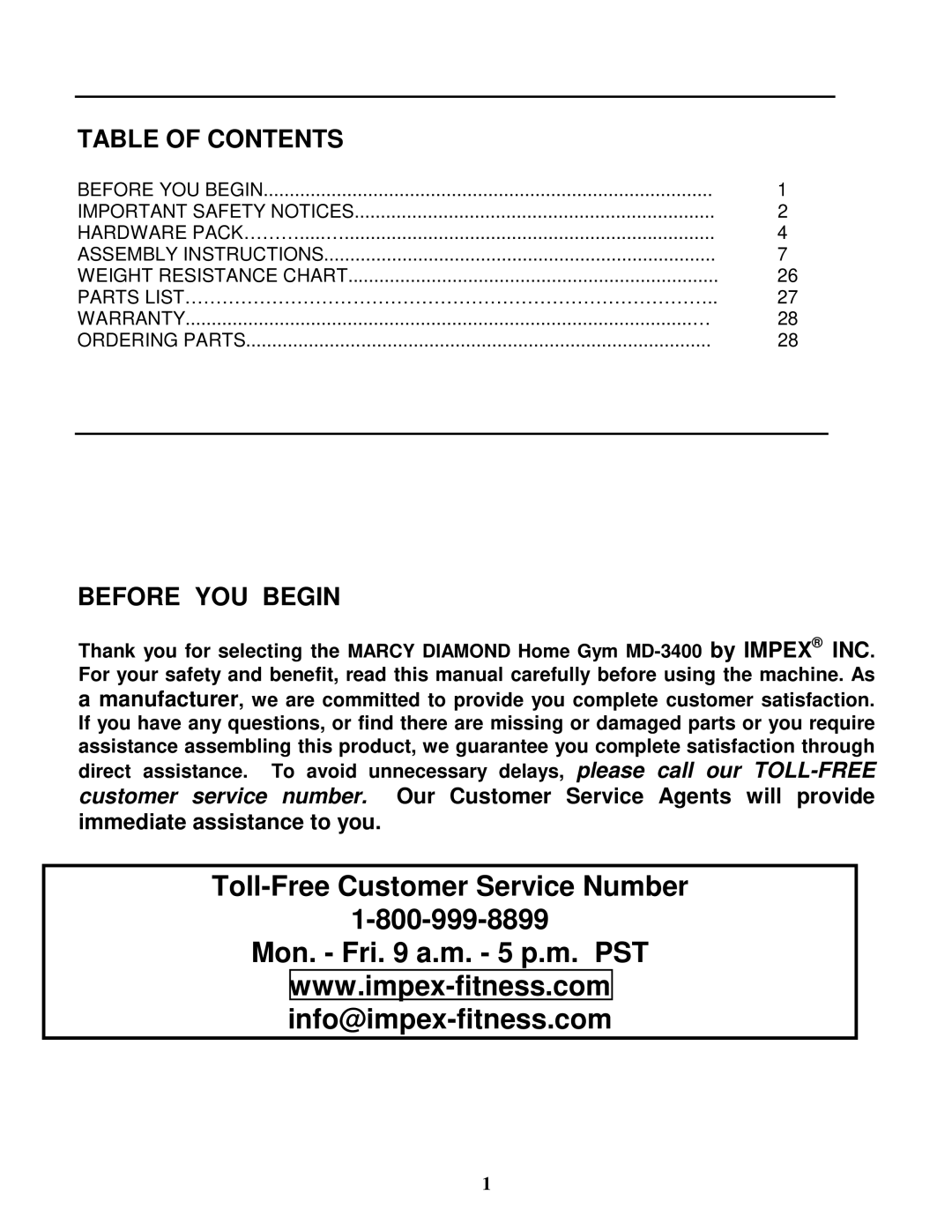 Impex MD-3400 manual Toll-Free Customer Service Number Mon. Fri a.m. 5 p.m. PST 