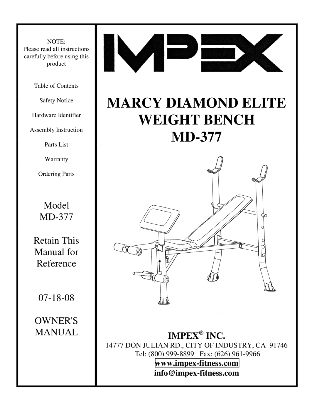 Impex MD-377 manual Marcy Diamond Elite Weight Bench 