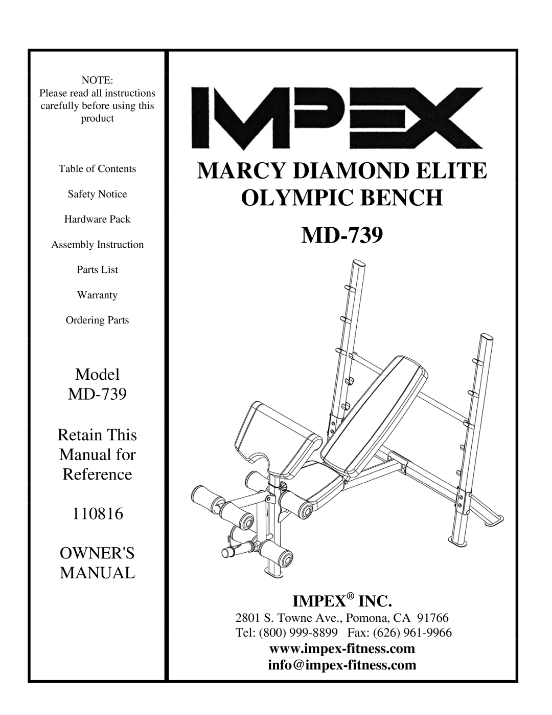 Impex MD-739 manual Marcy Diamond Elite Olympic Bench 