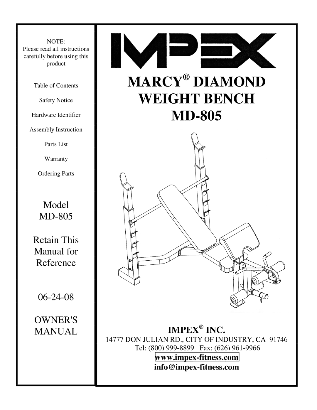 Impex MD-805 manual Marcy Diamond 