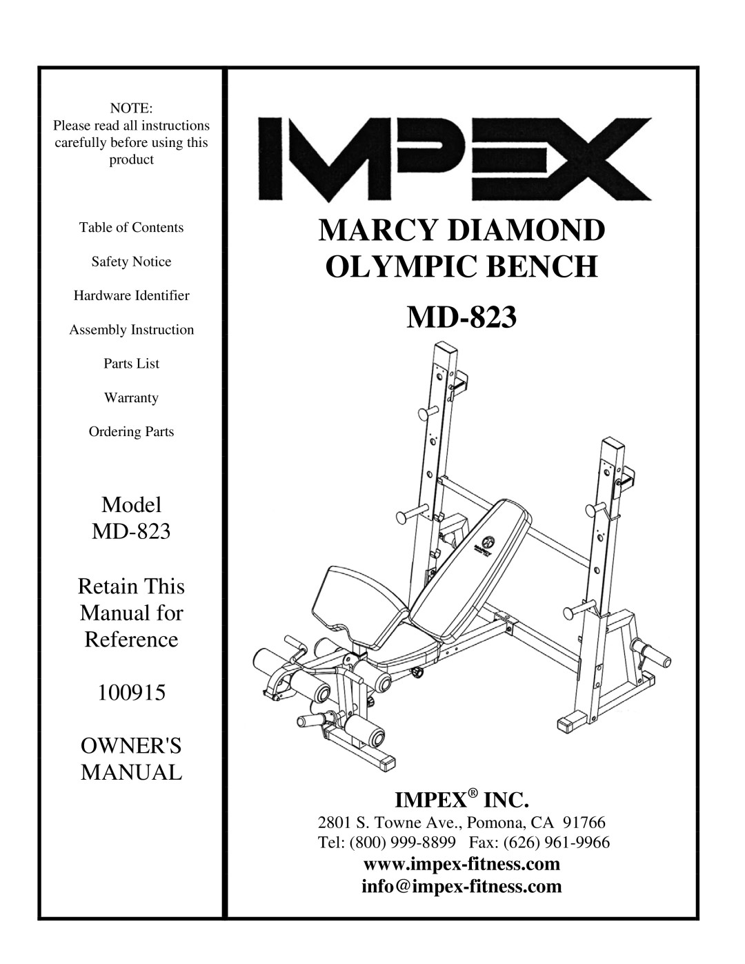 Impex MD-823 manual Marcy Diamond Olympic Bench 