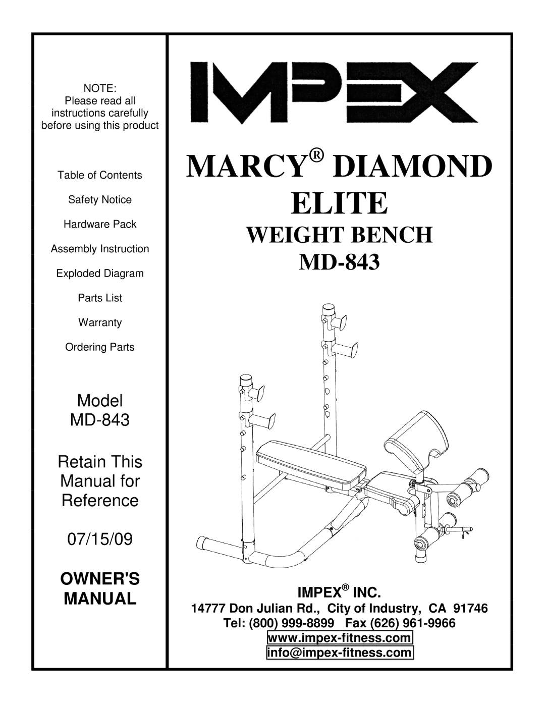 Impex MD-843 manual Marcy Diamond Elite, Impex INC 