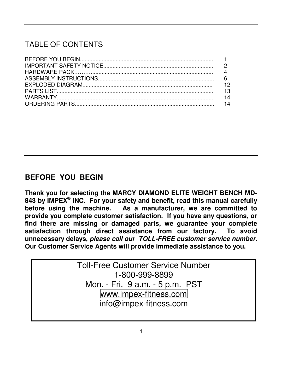 Impex MD-843 manual Table of Contents, Before YOU Begin 