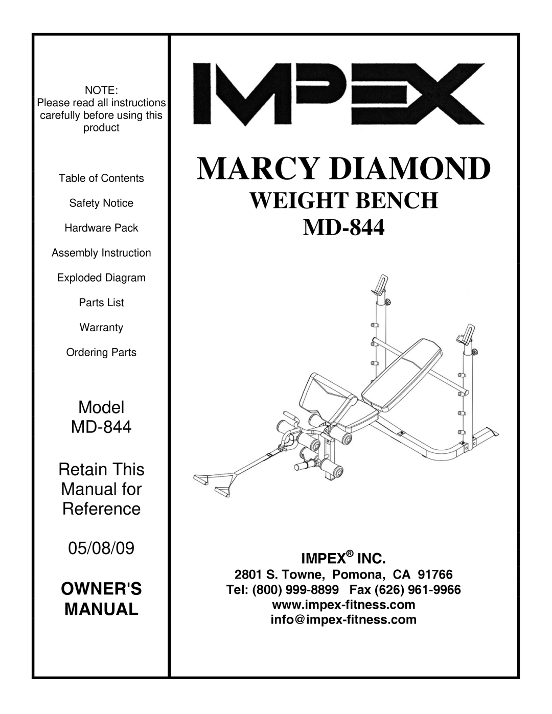 Impex MD-844 manual Marcy Diamond, Impex INC 