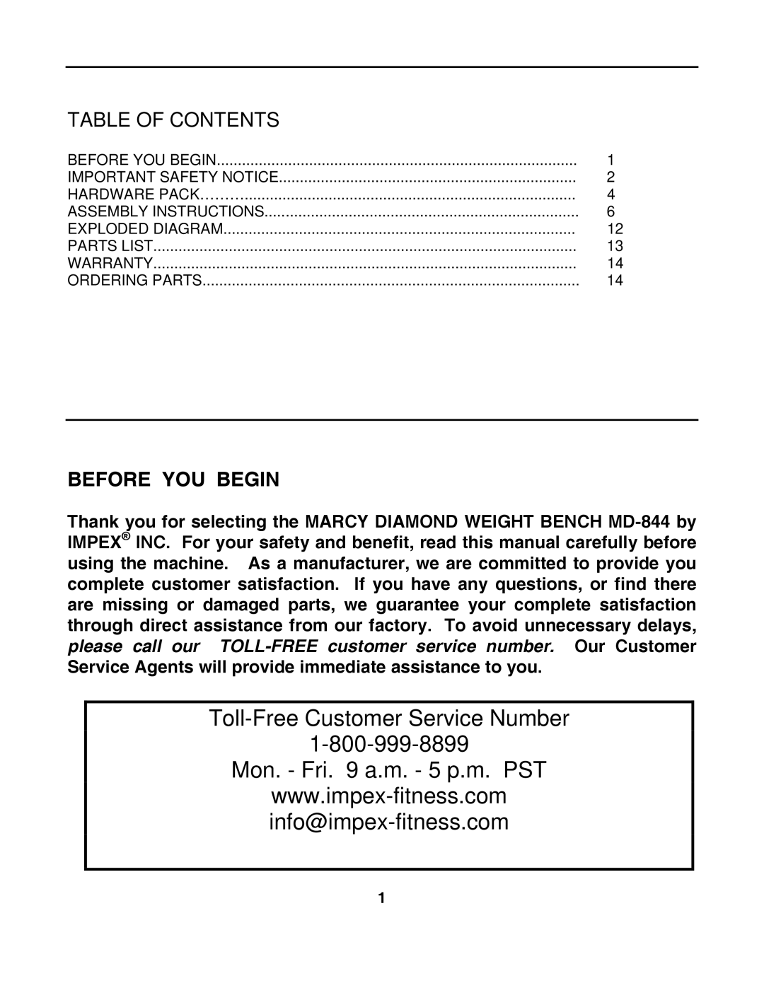 Impex MD-844 manual Table of Contents, Before YOU Begin 