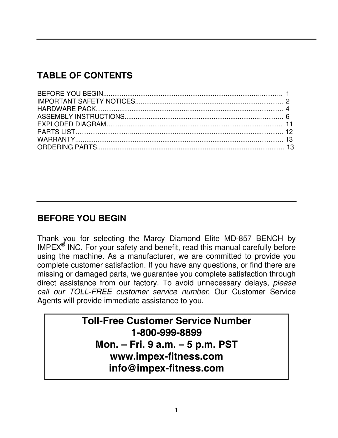 Impex MD-857 manual Toll-Free Customer Service Number Mon. Fri a.m. 5 p.m. PST 