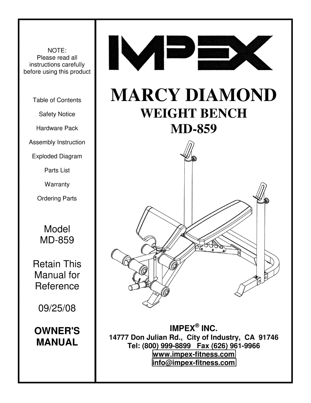 Impex MD-859 manual Marcy Diamond, Impex INC 