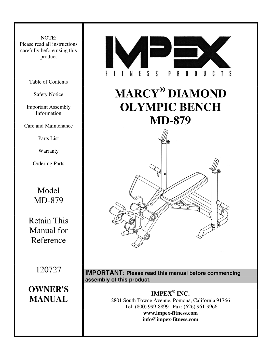 Impex MD-879 manual Marcy Diamond Olympic Bench 