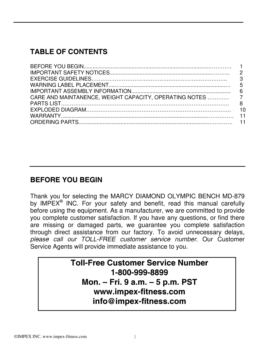 Impex MD-879 manual Toll-Free Customer Service Number Mon. Fri a.m. 5 p.m. PST 