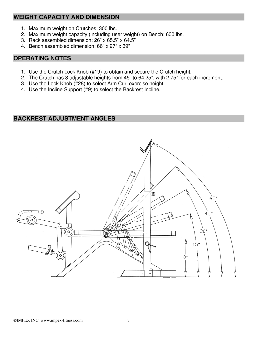 Impex MD-879 manual Weight Capacity and Dimension, Operating Notes, Backrest Adjustment Angles 