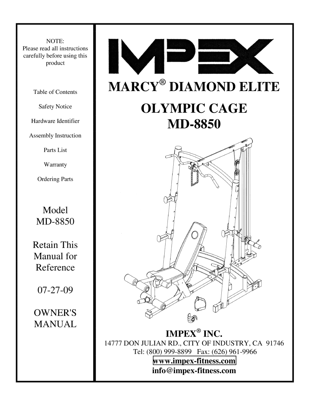 Impex MD-8850 manual Marcy Diamond Elite 