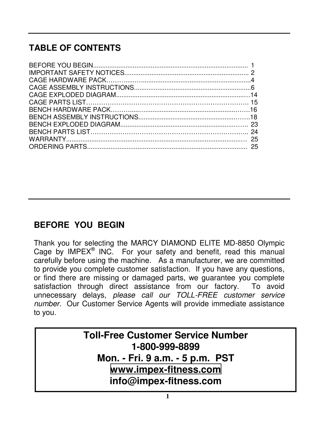 Impex MD-8850 manual Toll-Free Customer Service Number Mon. Fri a.m. 5 p.m. PST 