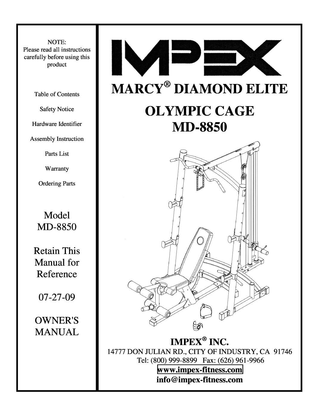 Impex MD-8850 manual info@impex-fitness.com, Marcy Diamond Elite, Olympic Cage, Model, Retain This, Manual for, Reference 