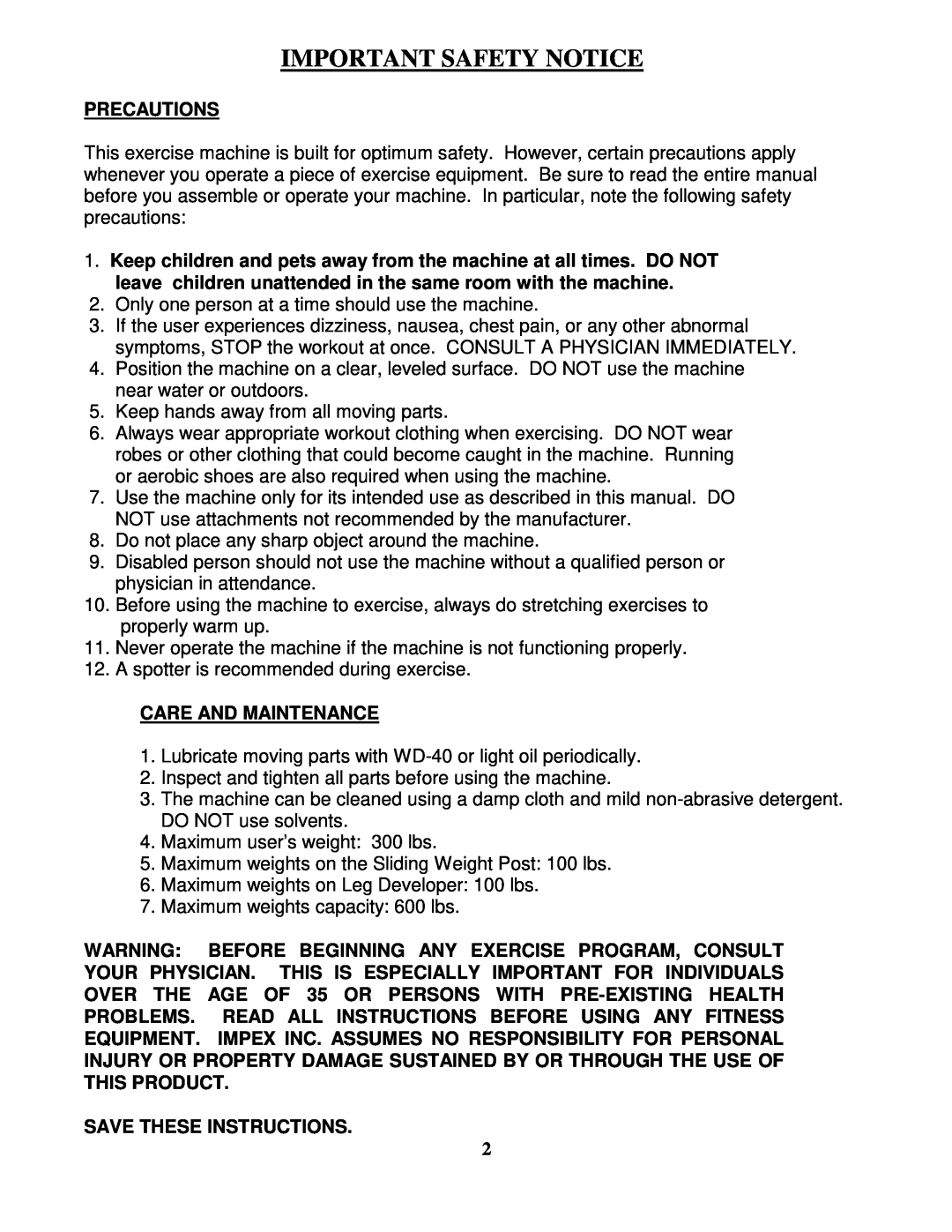 Impex MD-8850 manual Important Safety Notice, Precautions, Care And Maintenance, Save These Instructions 