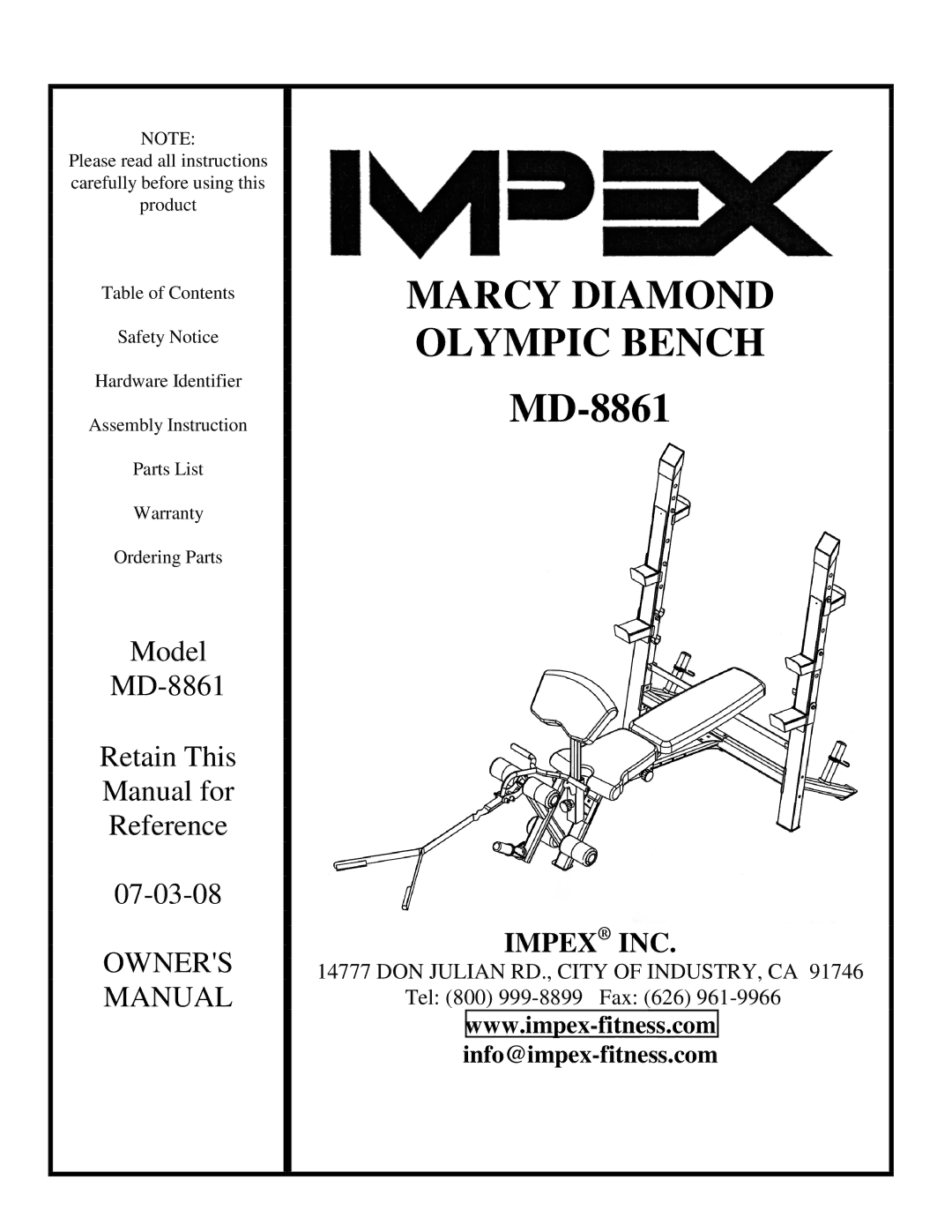 Impex MD-8861 manual Marcy Diamond 