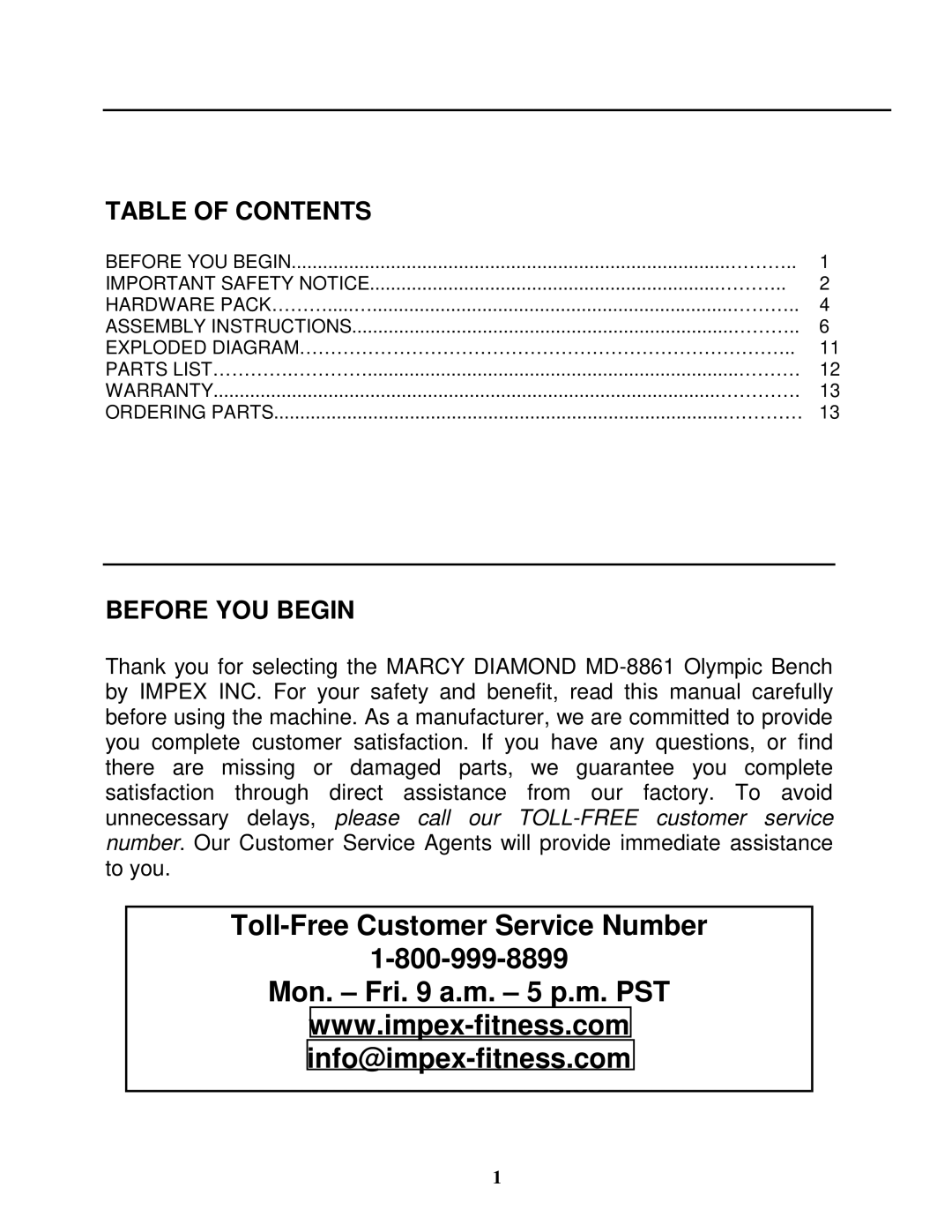 Impex MD-8861 manual Toll-Free Customer Service Number Mon. Fri a.m. 5 p.m. PST 