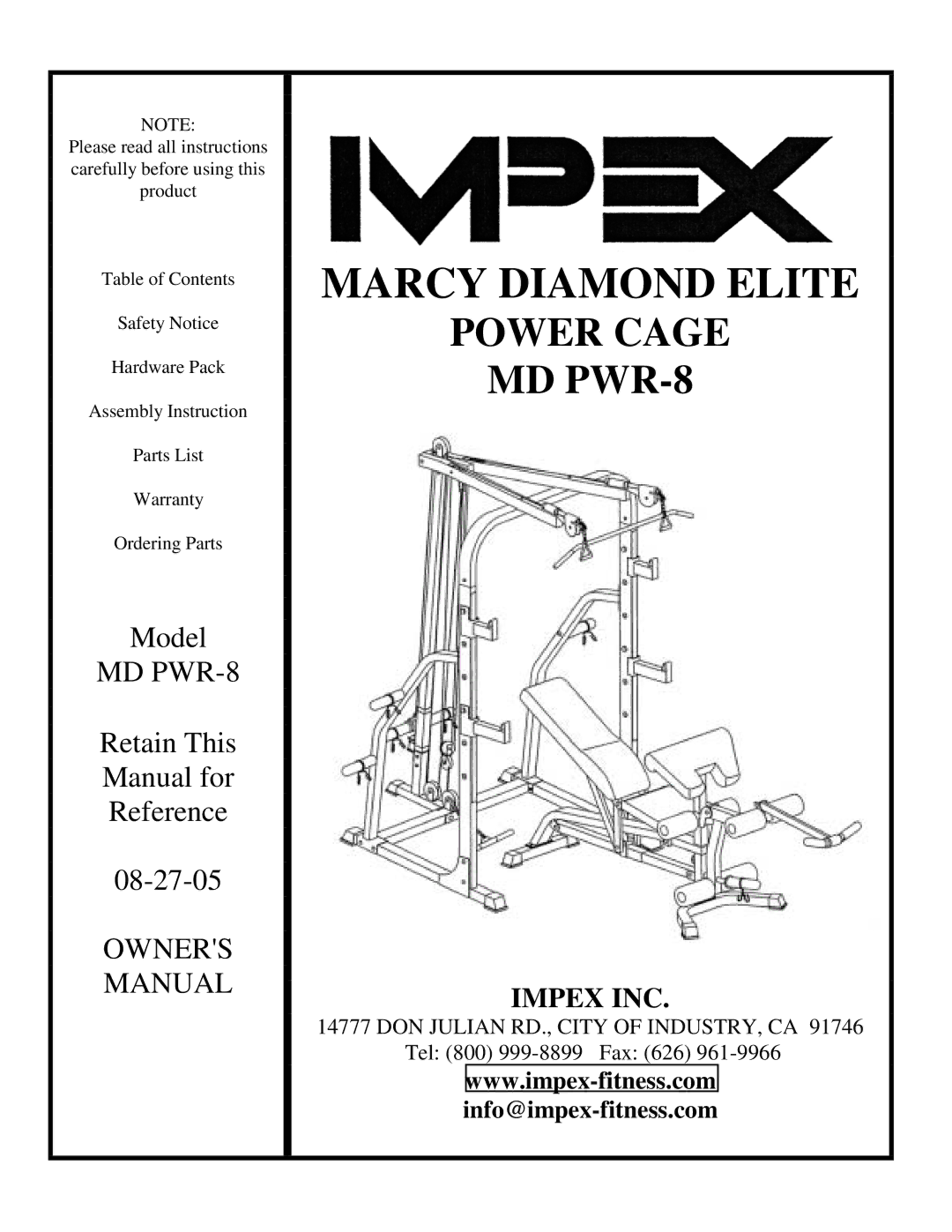 Impex MD PWR-8 manual Marcy Diamond Elite 