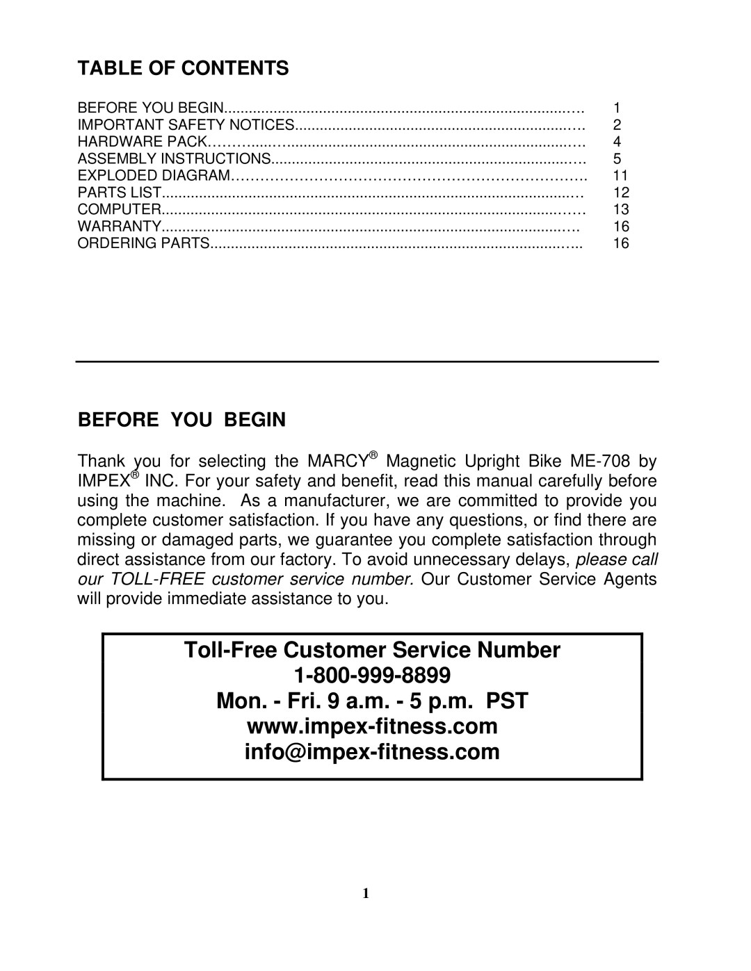 Impex ME-708 manual Table of Contents, Before YOU Begin 