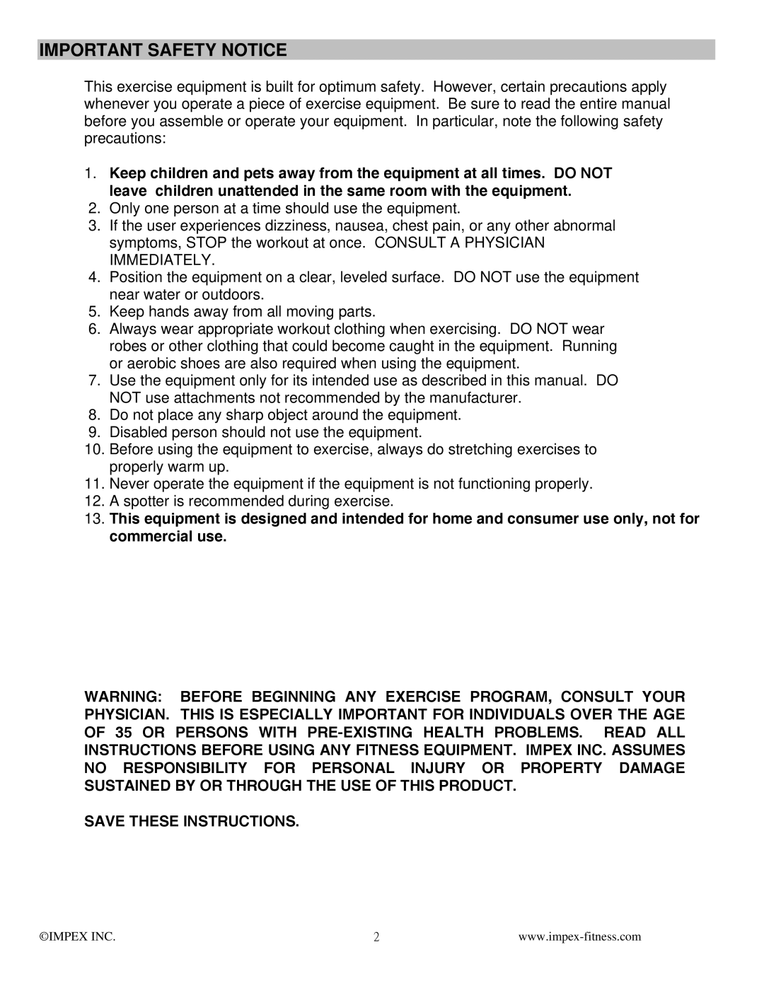 Impex MFM-8250 manual Important Safety Notice 