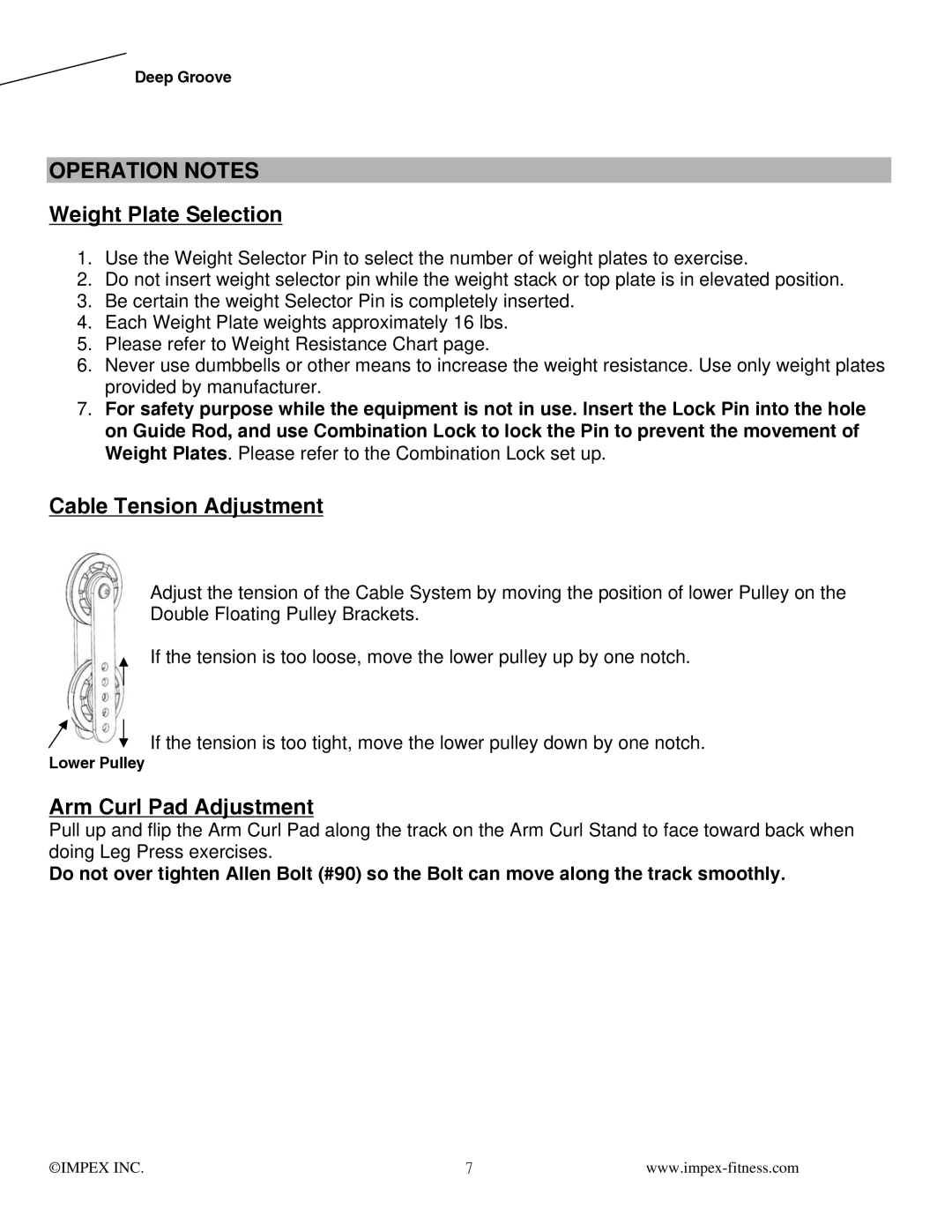 Impex MFM-8250 manual Operation Notes, Weight Plate Selection 