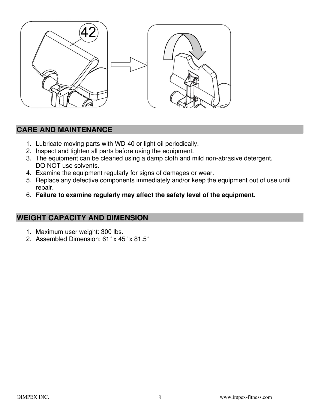 Impex MFM-8250 manual Care and Maintenance, Weight Capacity and Dimension 