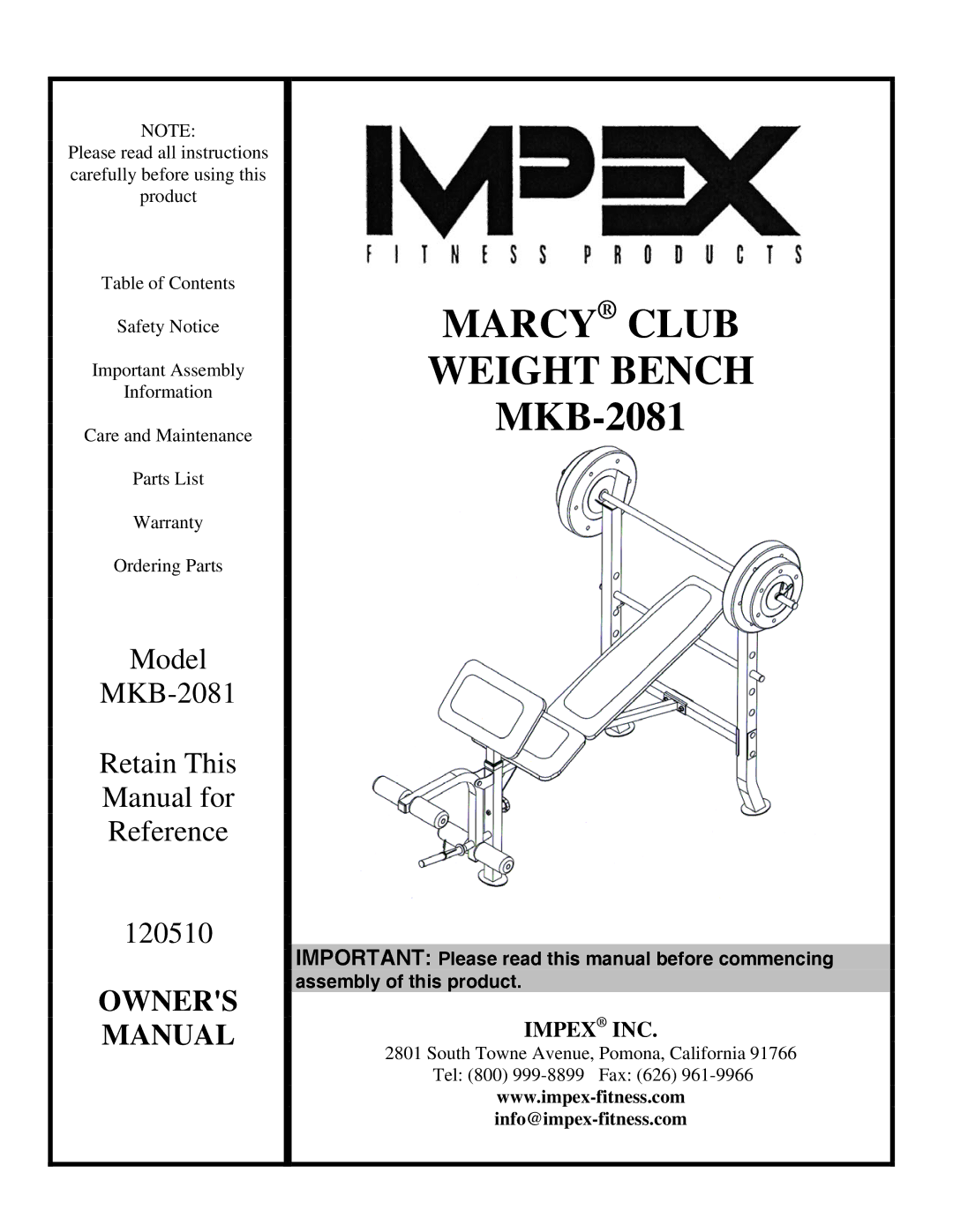 Impex MKB-2081 manual Marcy Club Weight Bench 