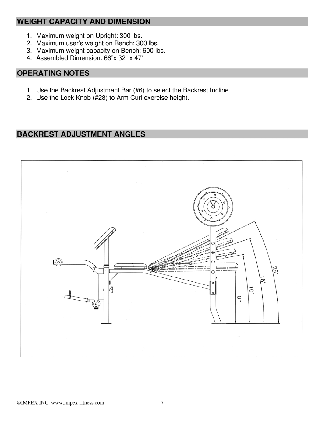 Impex MKB-2081 manual Weight Capacity and Dimension, Operating Notes, Backrest Adjustment Angles 