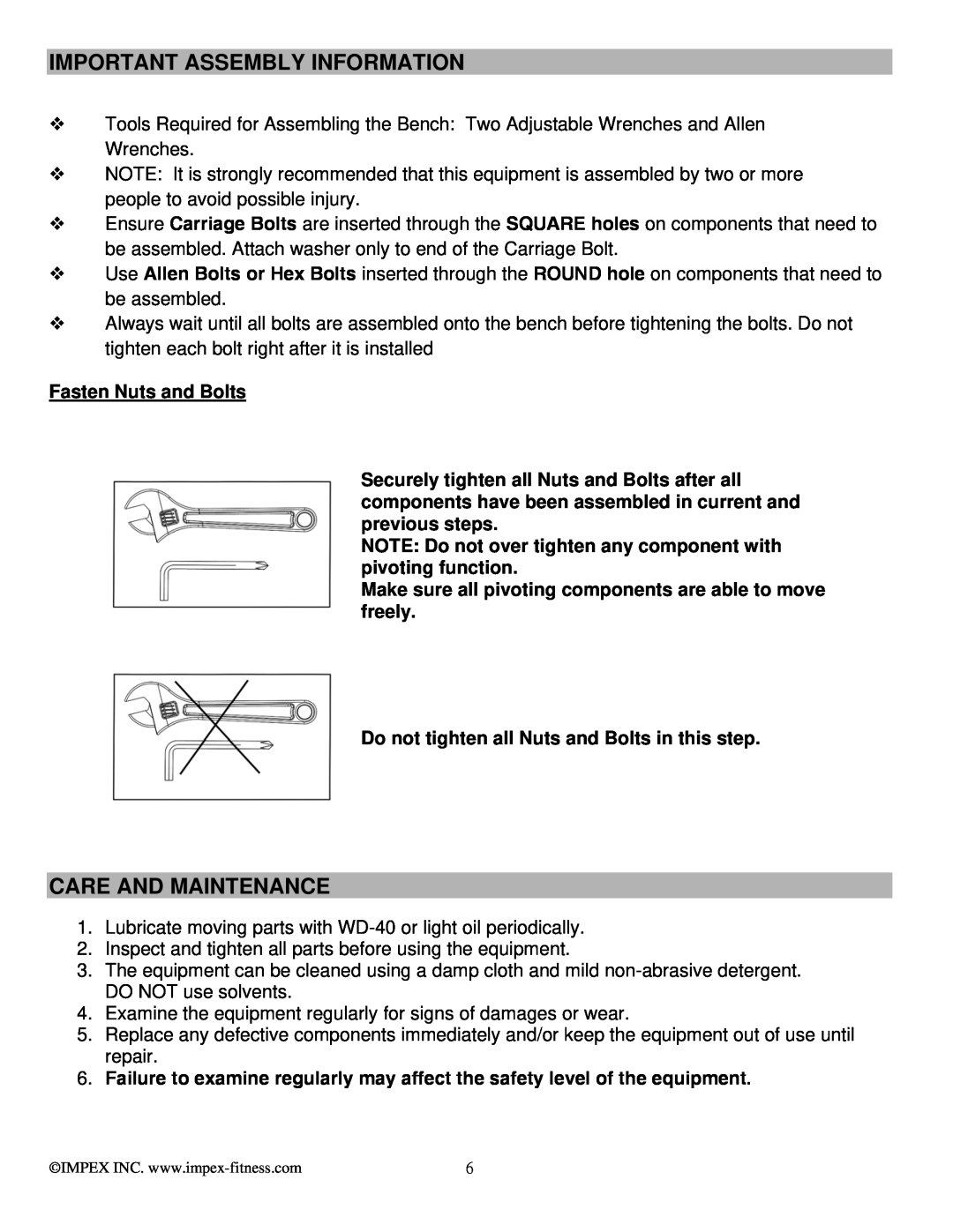 Impex MKB-2081 manual Important Assembly Information, Care And Maintenance, Fasten Nuts and Bolts 