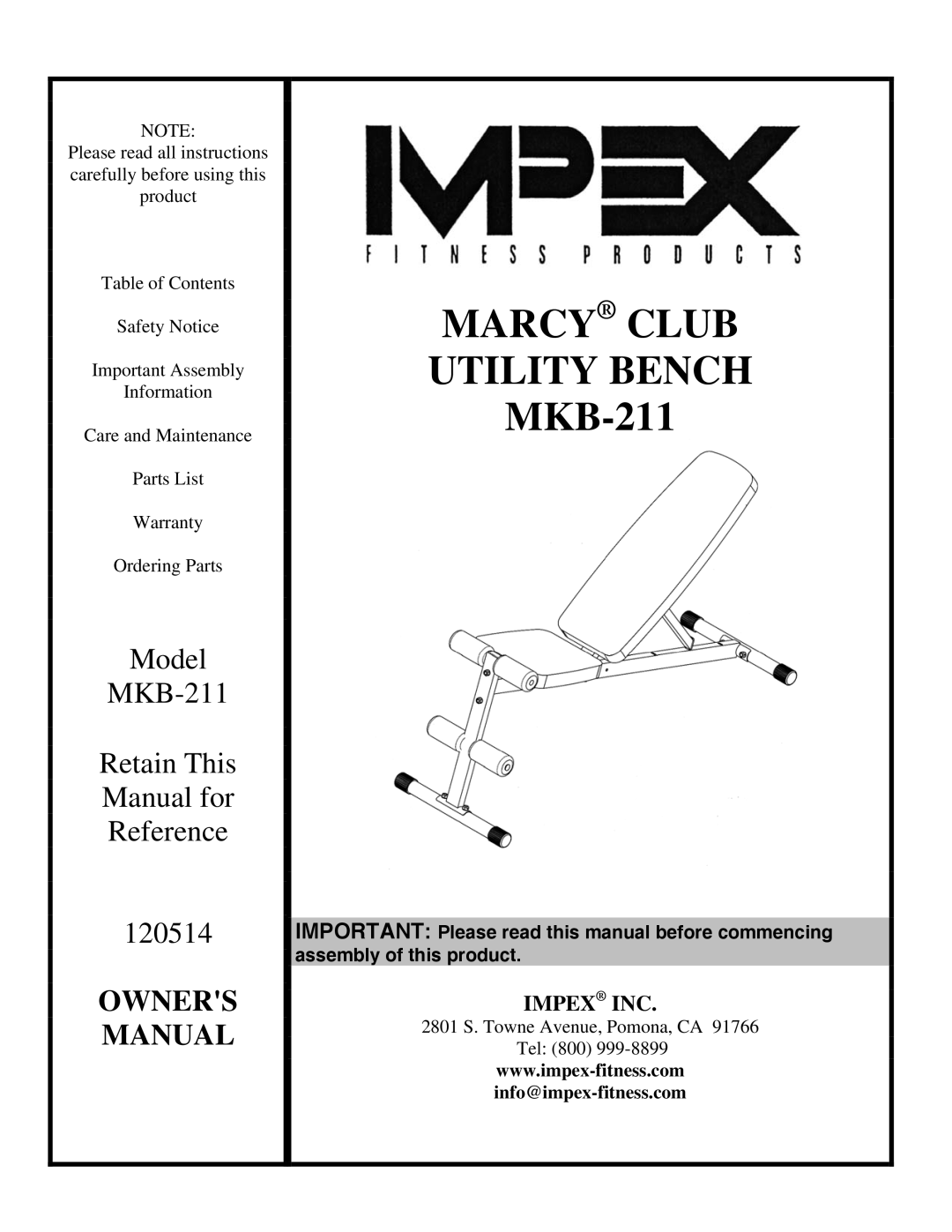 Impex MKB-211 manual Marcy Club Utility Bench 