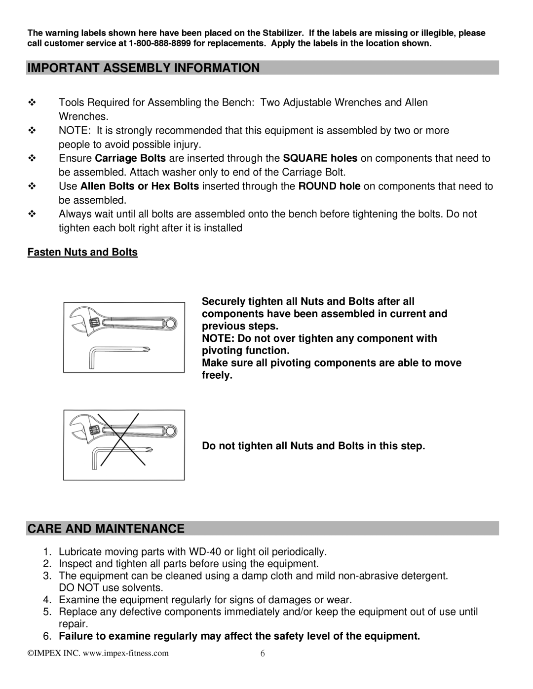 Impex MKB-211 manual Important Assembly Information, Care and Maintenance 