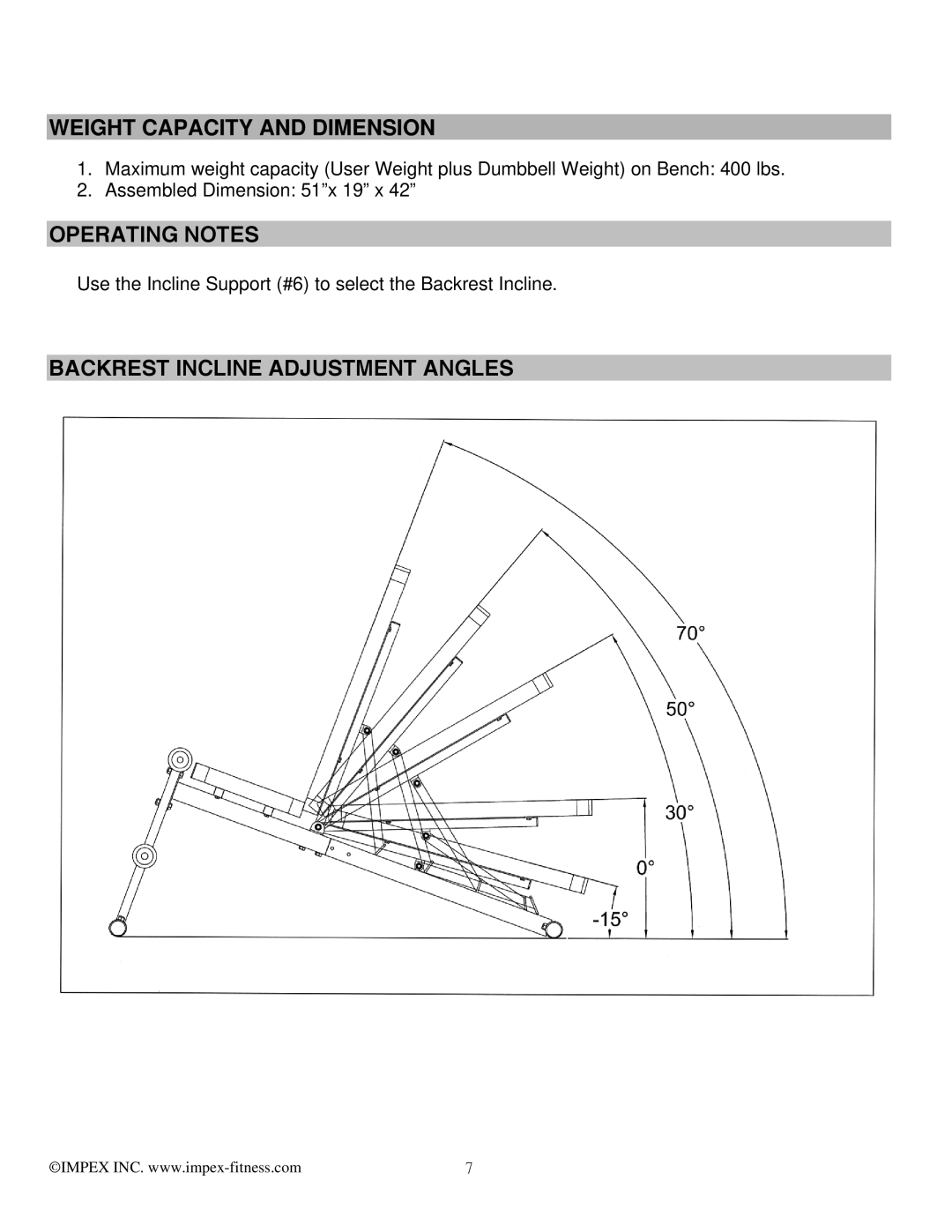 Impex MKB-211 manual Weight Capacity and Dimension, Operating Notes, Backrest Incline Adjustment Angles 