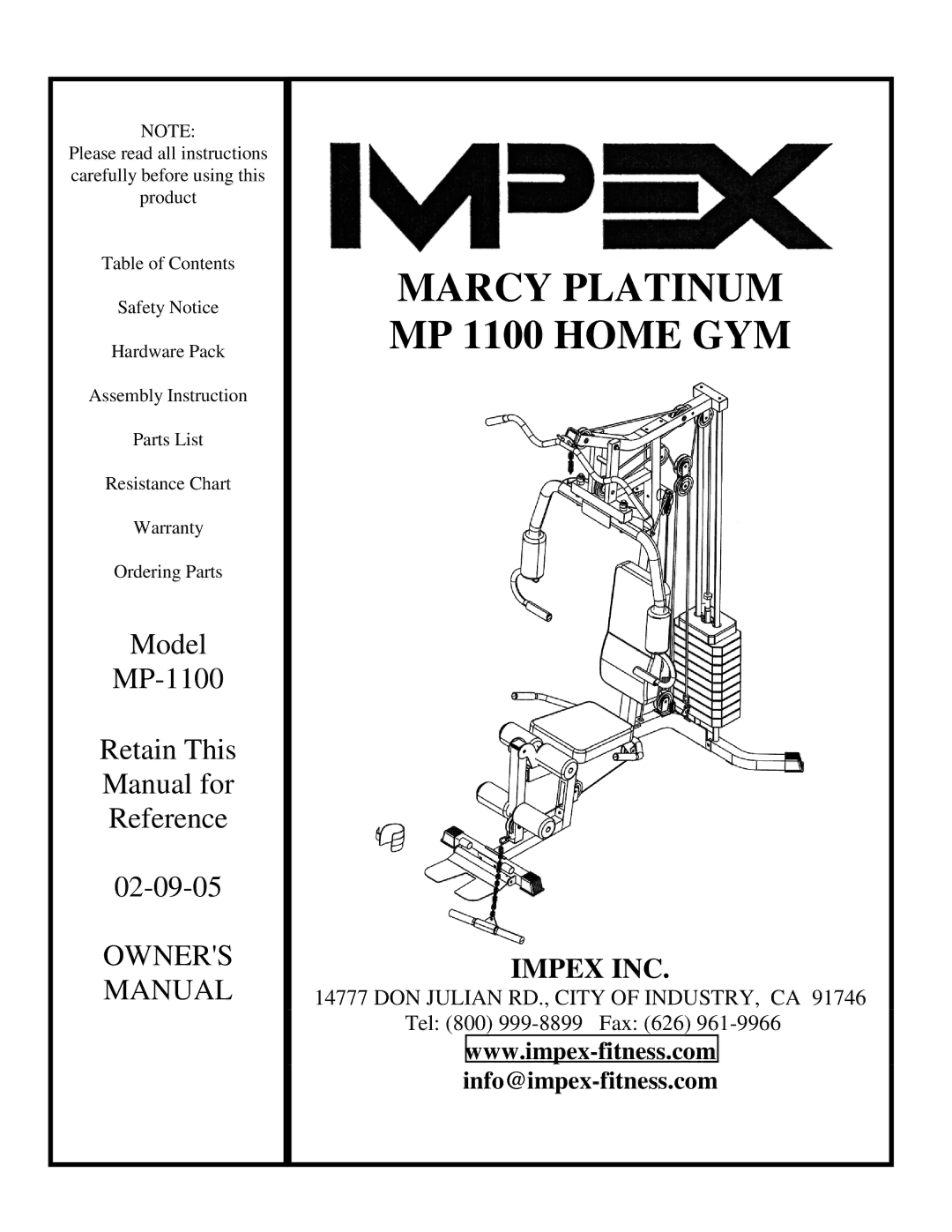 Impex MP 1100 manual Marcy Platinum 