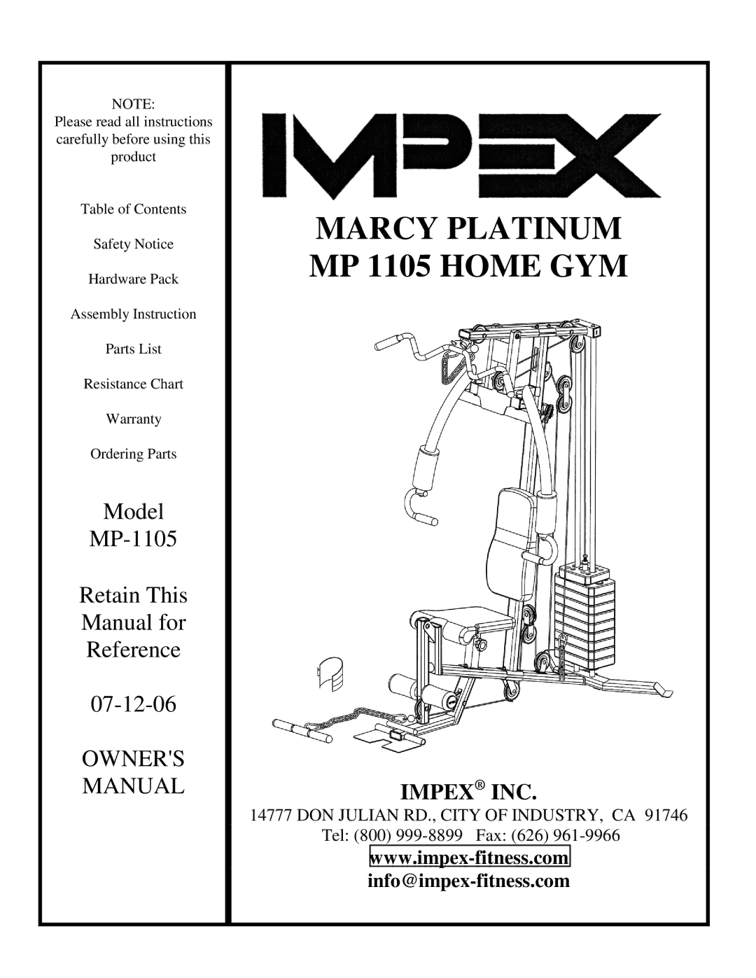 Impex MP 1105 manual Marcy Platinum 