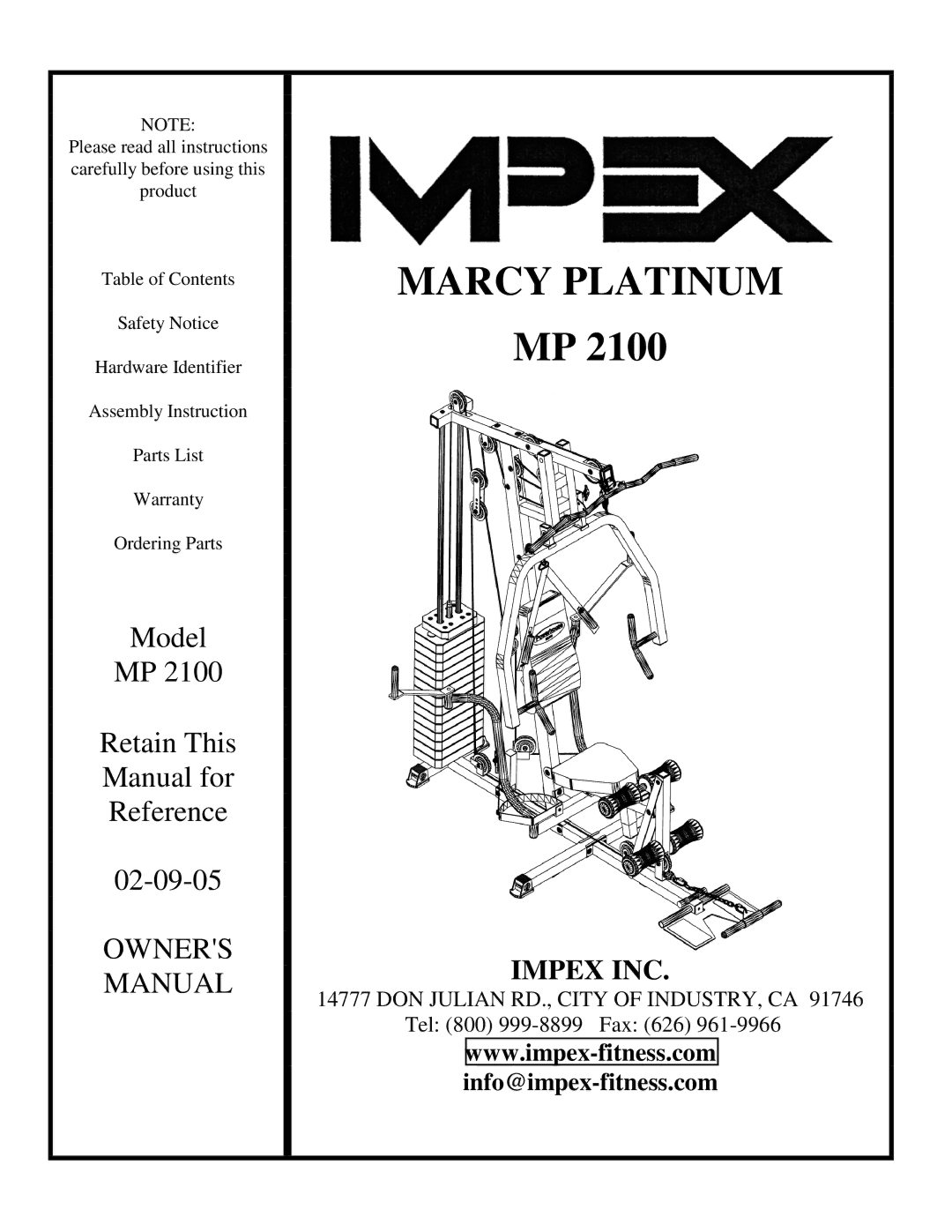 Impex MP 2100 manual Marcy Platinum 
