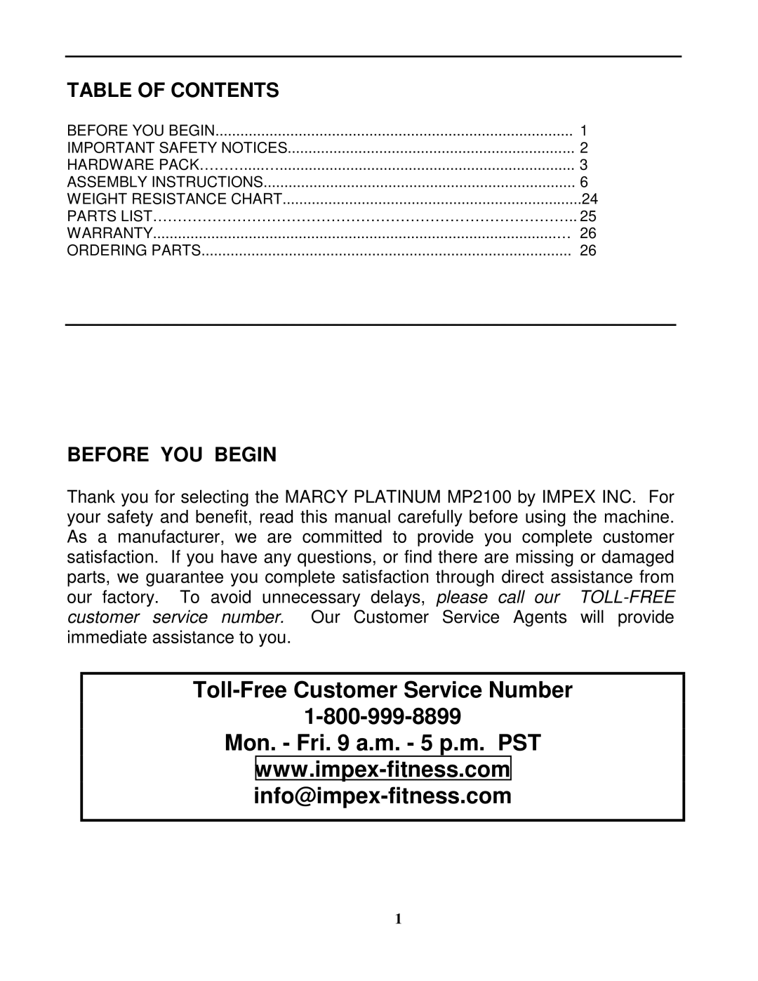 Impex MP 2100 manual Toll-Free Customer Service Number Mon. Fri a.m. 5 p.m. PST 